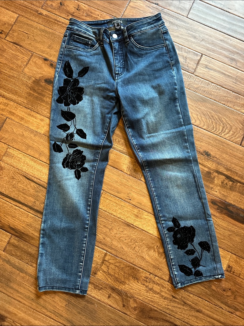 Joseph Ribkoff Blue Skinny Jeans with Black Floral Appliqué 8, 26” inseam